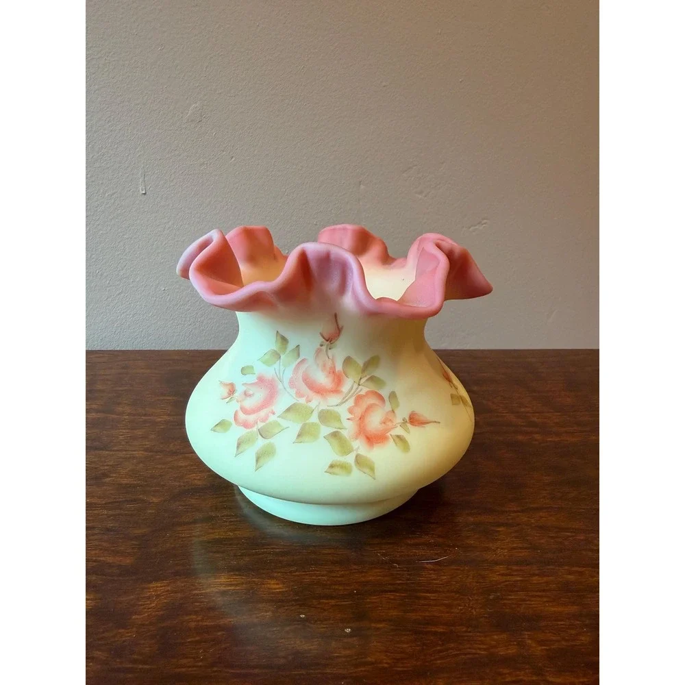 Vintage Fenton Rose Burmese Glass Ruffled Crimped Vase, Handpainted Signed